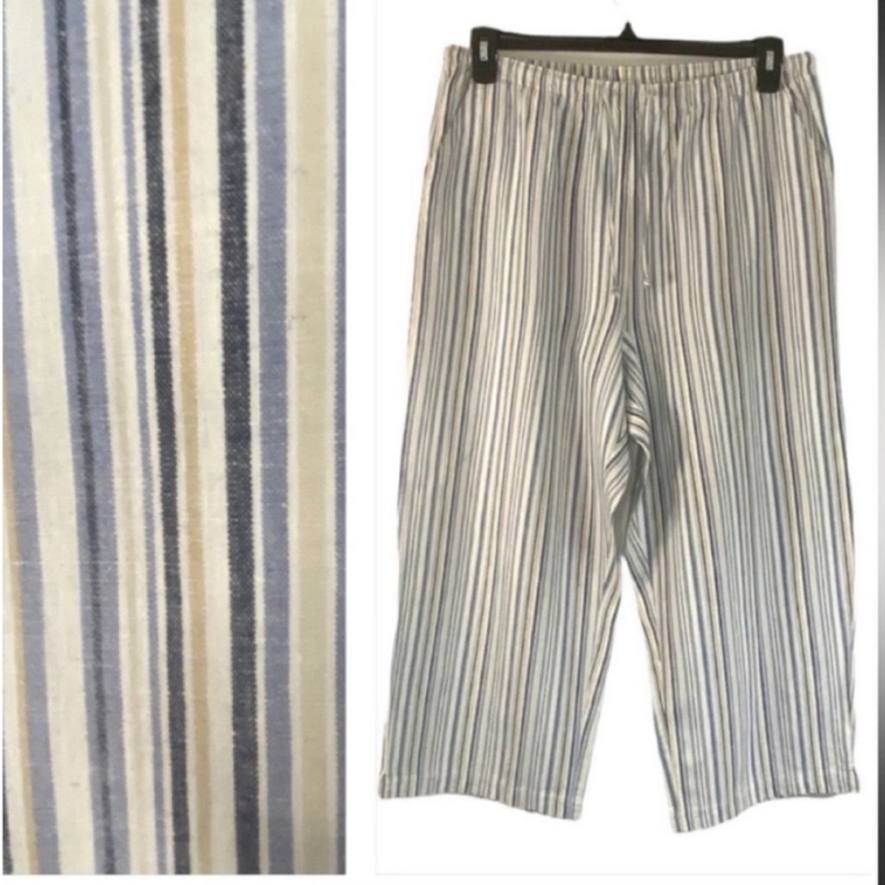Linen Blend Boho Beachy Striped Cropped Hi-Rise Loungewear Pants  Large